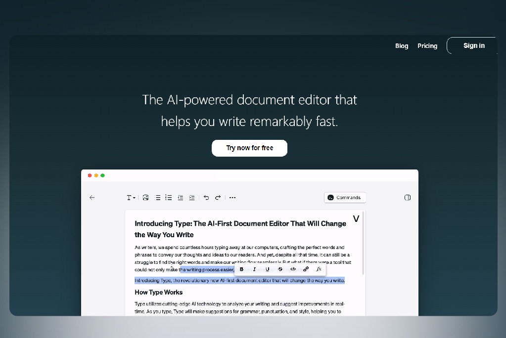 Type AI - The AI-powered document editor that helps you write remarkably fast.